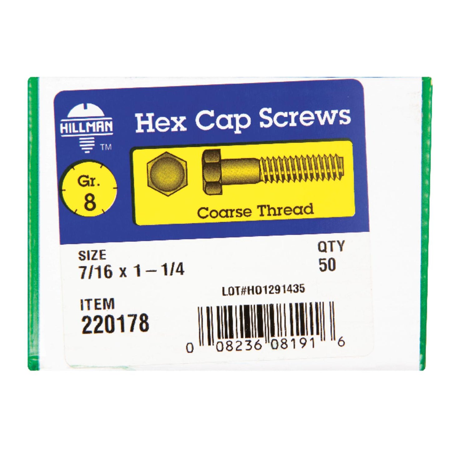 Hillman 7/16 in. Diameter x 1-1/4 in. Length Grade 8 Heat‑Treated Steel Hex Head Cap Screws, Coarse Thread, 50-Pack