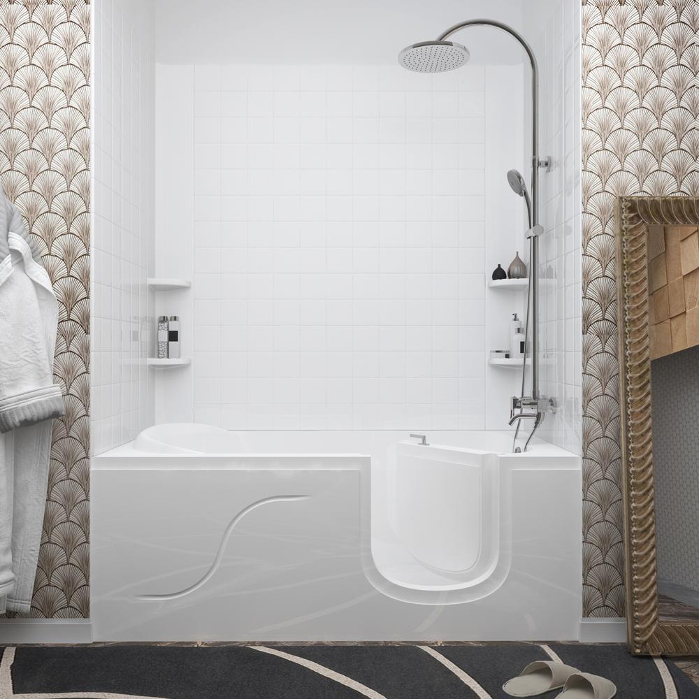 NOVA Heated 5 ft. Walk-in Non-Whirlpool Bathtub with 4 in. Tile Easy Up Adhesive Wall Surround in White - Super Arbor