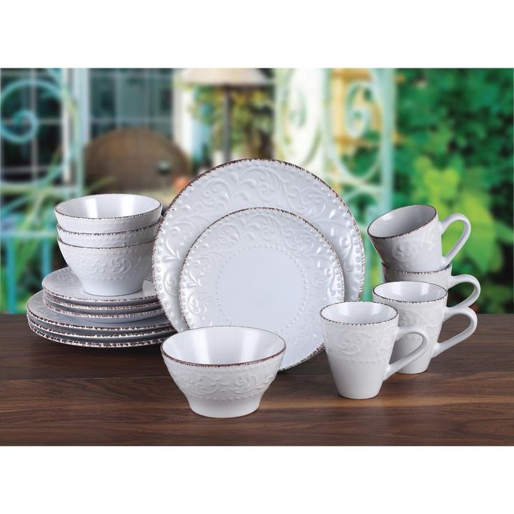 16-Piece Lorren Home Stoneware Scroll Dinnerware Set-White