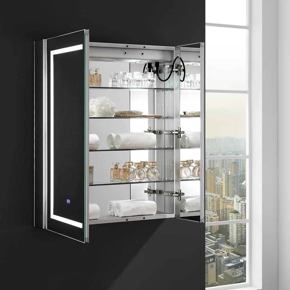 Spazio 30 in. W x 36 in. H Recessed or Surface Mount Medicine Cabinet with LED Lighting and Mirror Defogger - Super Arbor