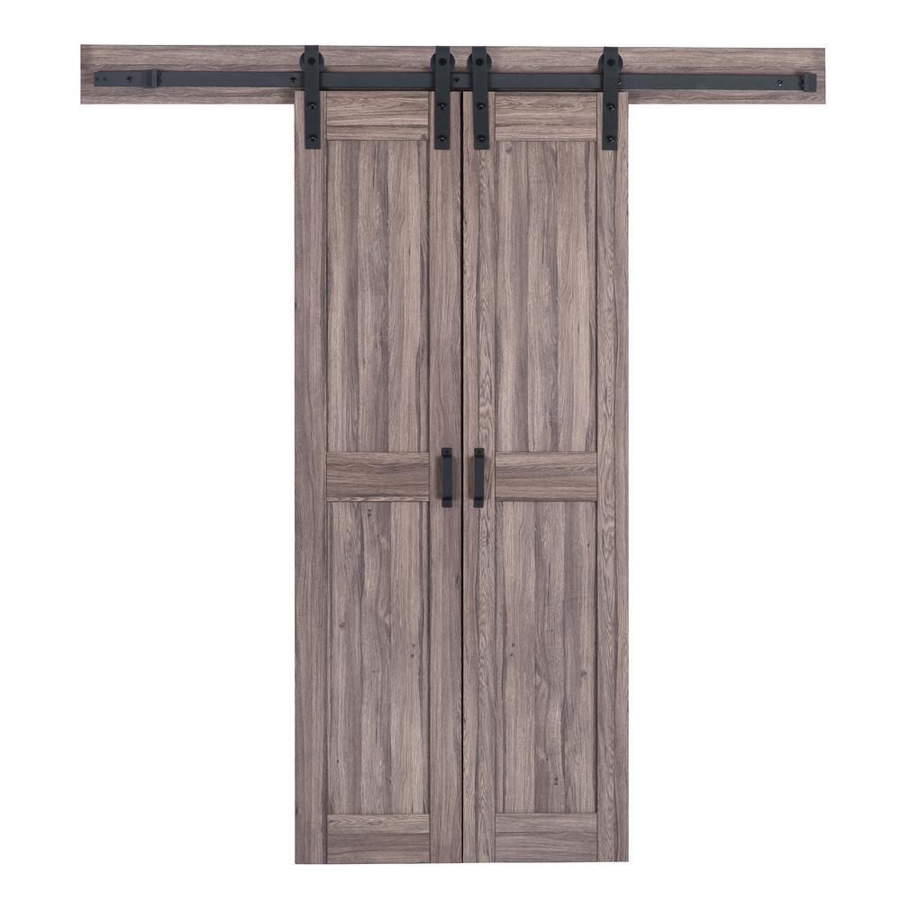 36 in. x 84 in. Taupe MDF Solid Core Bi-Parting Design Interior Sliding Barn Door with Modern Rustic Hardware Kit - Super Arbor