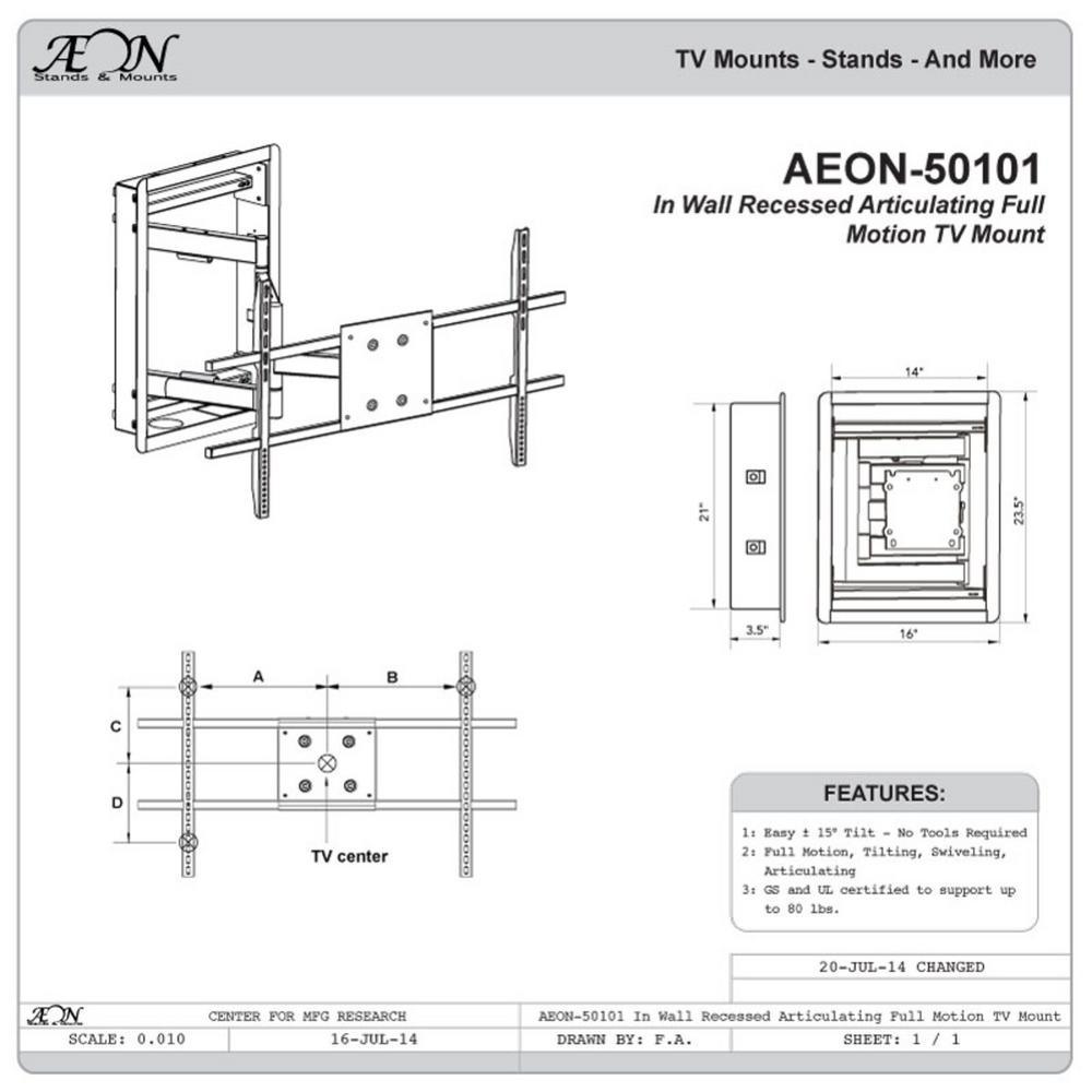 In Wall TV Mount, Recessed Articulating In Wall TV Mount For 42 To 80 in. TVs LCD, LED, or Plasma - Super Arbor