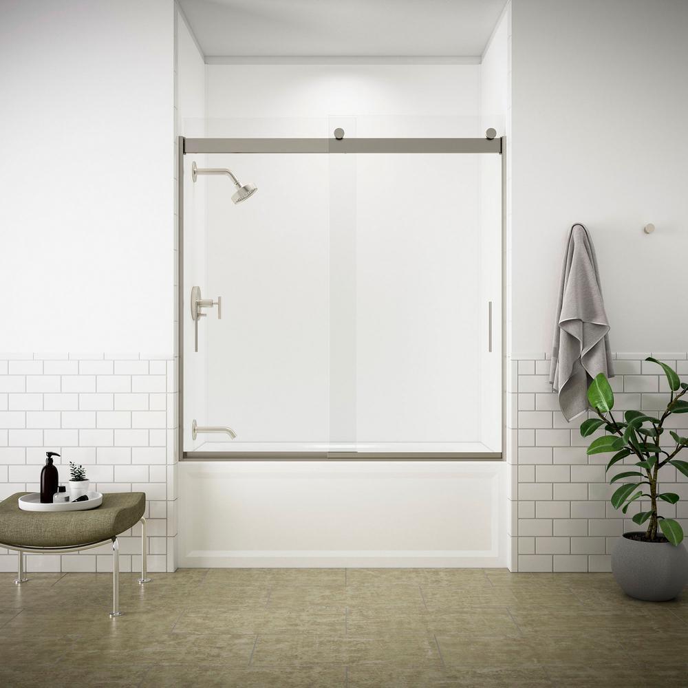 Levity 59 in. x 62 in. Semi-Frameless Sliding Tub Door in Nickel with Handle - Super Arbor