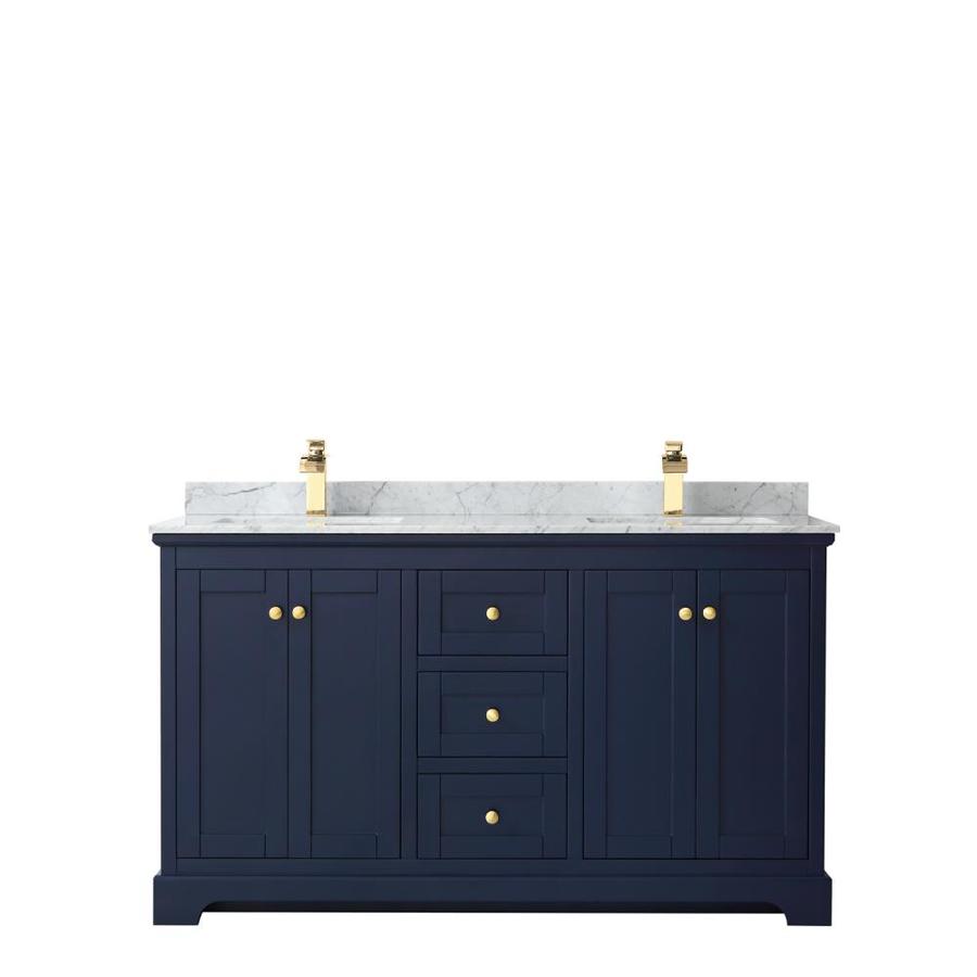 Wyndham Collection Avery 60-in Dark Blue Double Sink Bathroom Vanity with White Carrara Marble Natural Marble Top