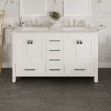 Eviva Aberdeen 60 in. W x 22 in. D x 34 in. H Double Sink Freestanding Bath Vanity in Blue with White Carrara Marble Top