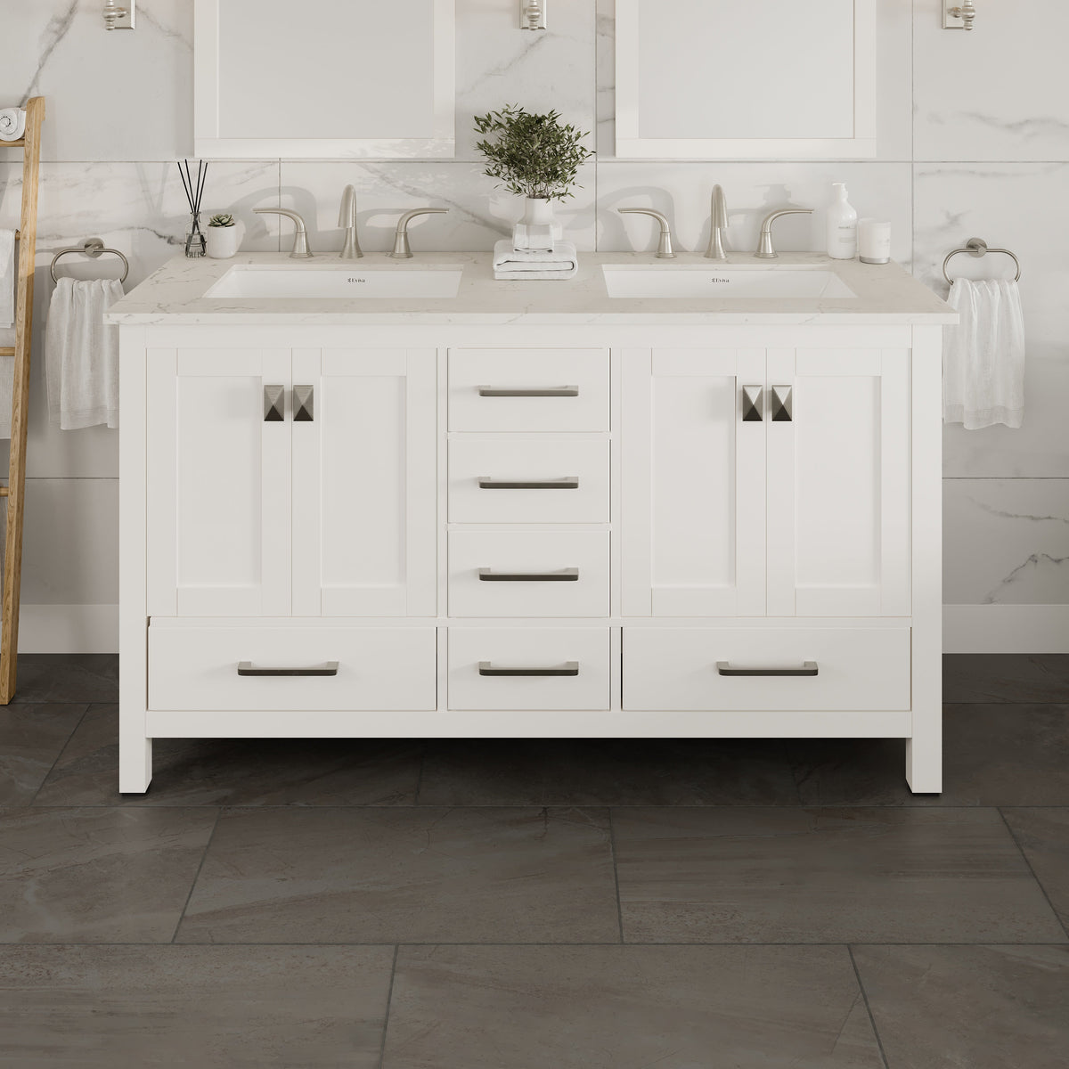 Eviva Aberdeen 60 in. W x 22 in. D x 35 in. H Double Bath Vanity in Gray with White Carrara Marble Top with White Sinks