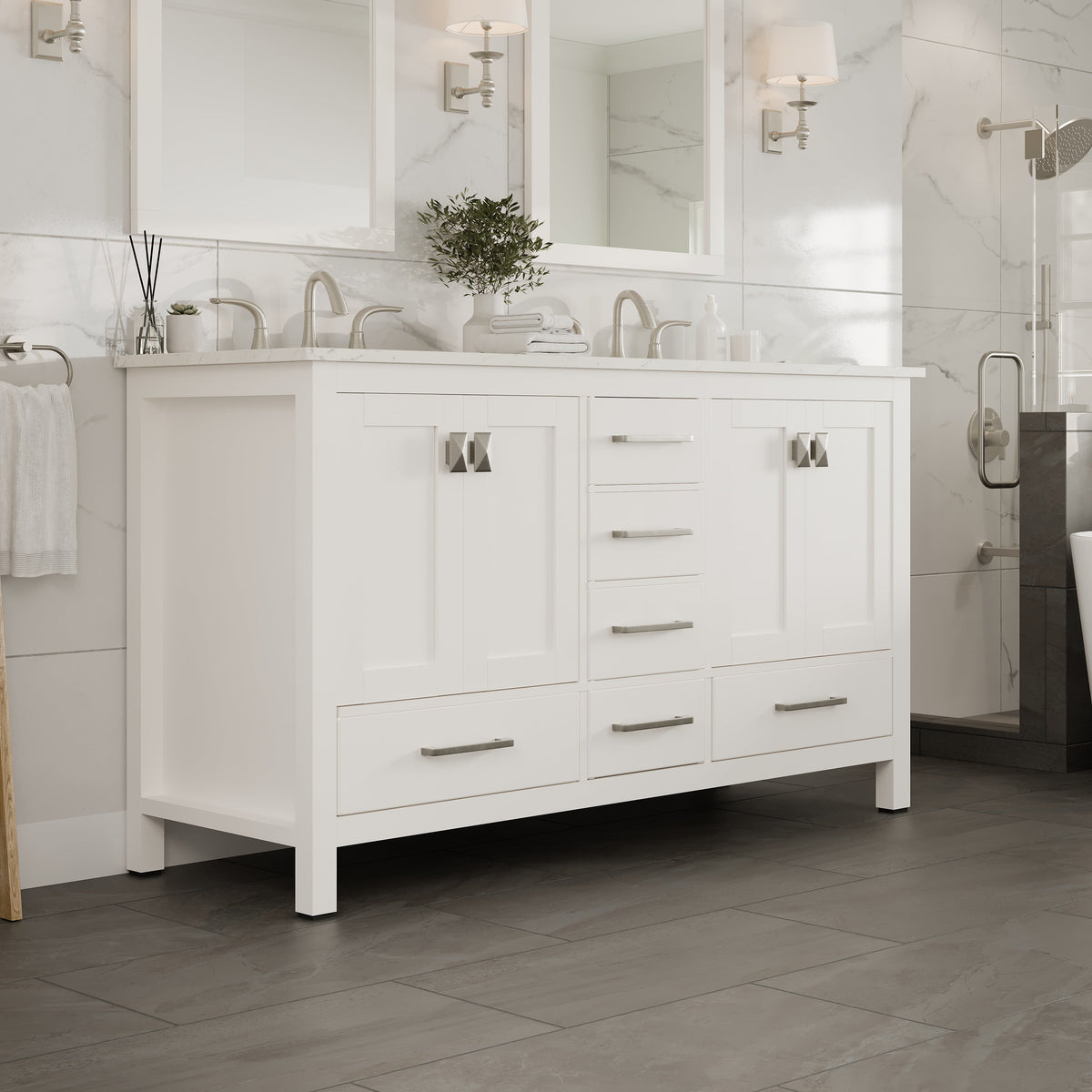 Eviva Aberdeen 60 in. W x 22 in. D x 35 in. H Double Bath Vanity in Gray with White Carrara Marble Top with White Sinks