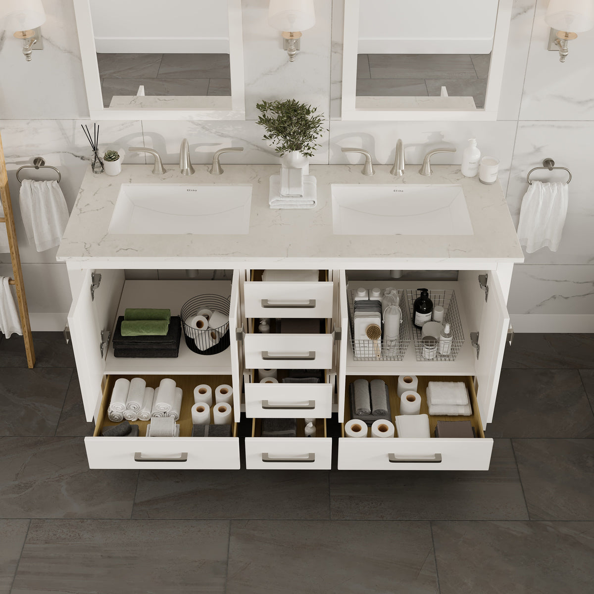 Eviva Aberdeen 60 in. W x 22 in. D x 35 in. H Double Bath Vanity in Gray with White Carrara Marble Top with White Sinks