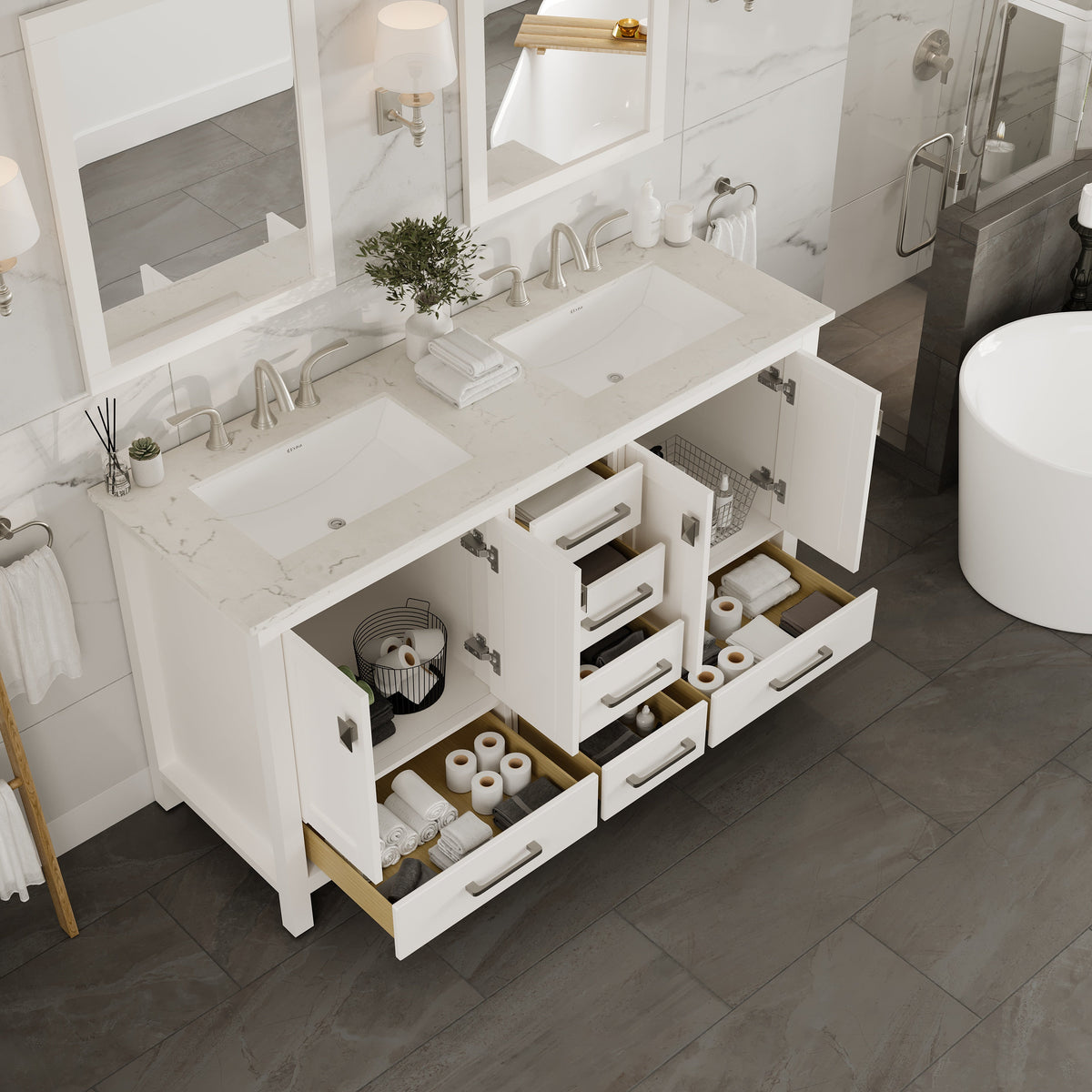 Eviva Aberdeen 60 in. W x 22 in. D x 34 in. H Double Sink Freestanding Bath Vanity in Blue with White Carrara Marble Top