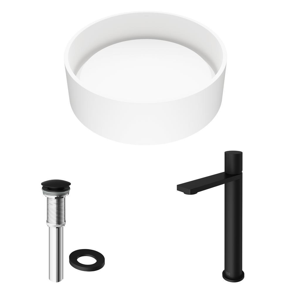 Matte Stone Round Vessel Bathroom Sink in White and Gotham Faucet in Matte Black - Super Arbor