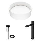 Matte Stone Round Vessel Bathroom Sink in White and Gotham Faucet in Matte Black - Super Arbor