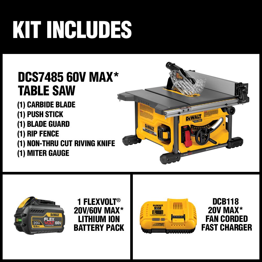 FLEXVOLT 60-Volt MAX Li-Ion Cordless Brushless 8-1/4 in. Table Saw Kit with Bonus FLEXVOLT Li-Ion 6.0 Ah Battery Pack - Super Arbor