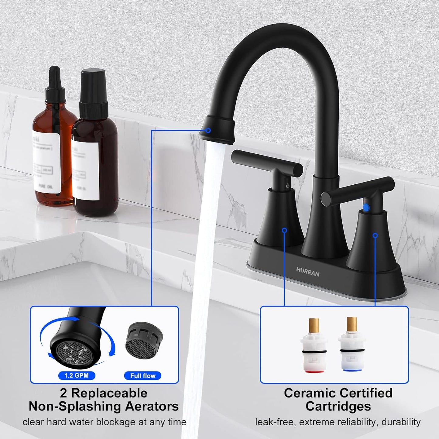 Hurran Matte Black Bathroom Faucet with Pop-up Drain and Supply Hoses