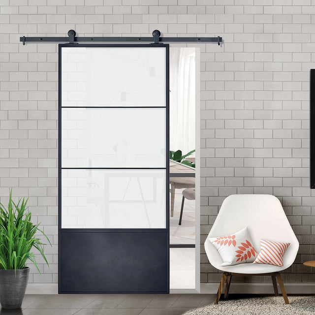 37in.x84in.x3 in.Concorde Epoxy Coated Steel Frame w/Frosted Tempered Glass Barn Door Interior Sliding Door Hardware Kit