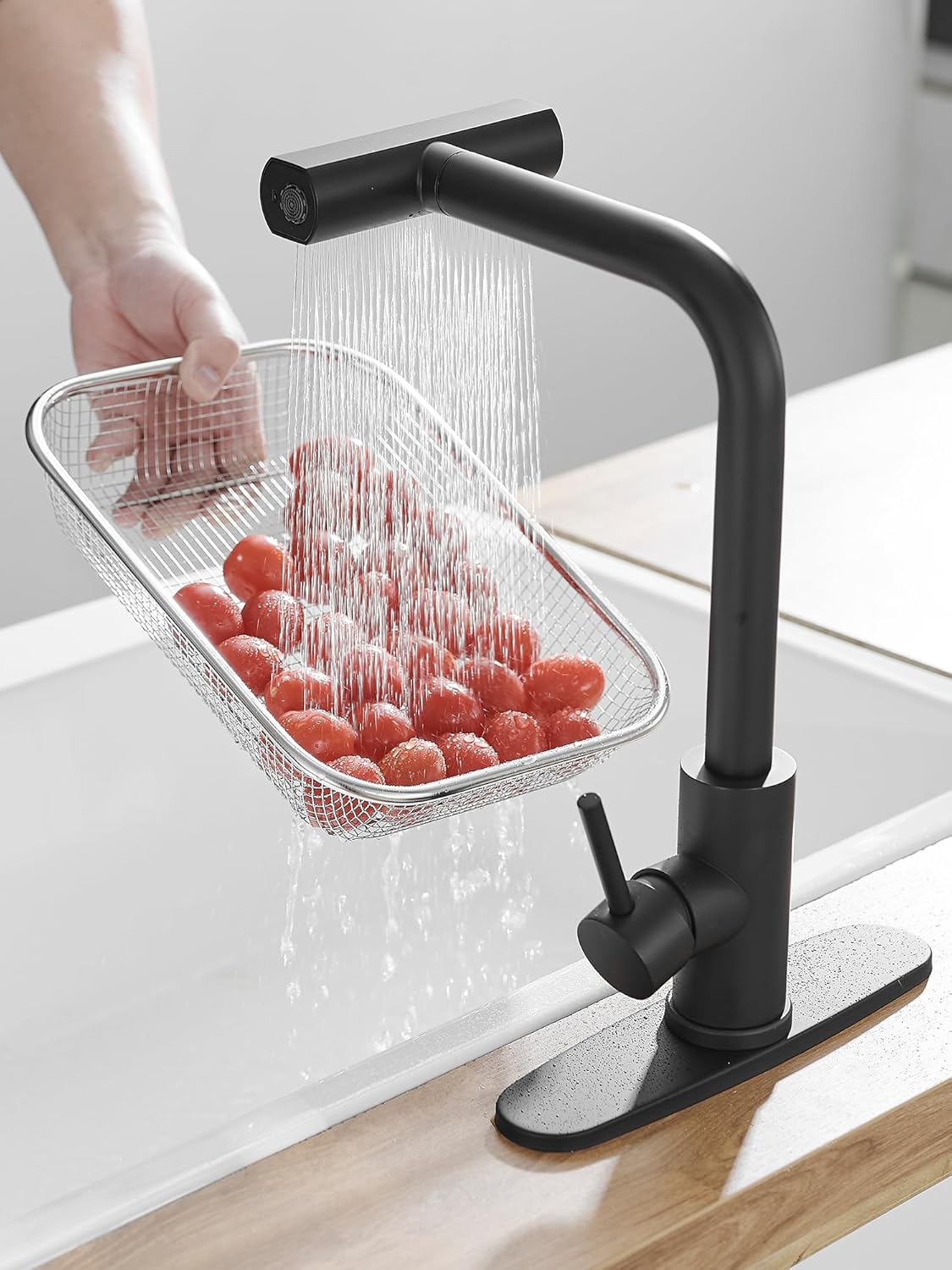 JOOM Black Kitchen Faucet with Pull Down Sprayer, Waterfall Design, Stainless Steel