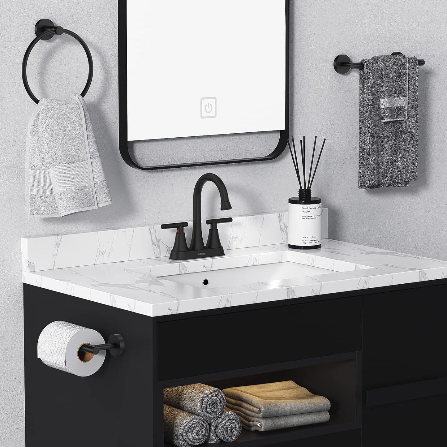 Hurran Matte Black Bathroom Faucet with Pop-up Drain and Supply Hoses