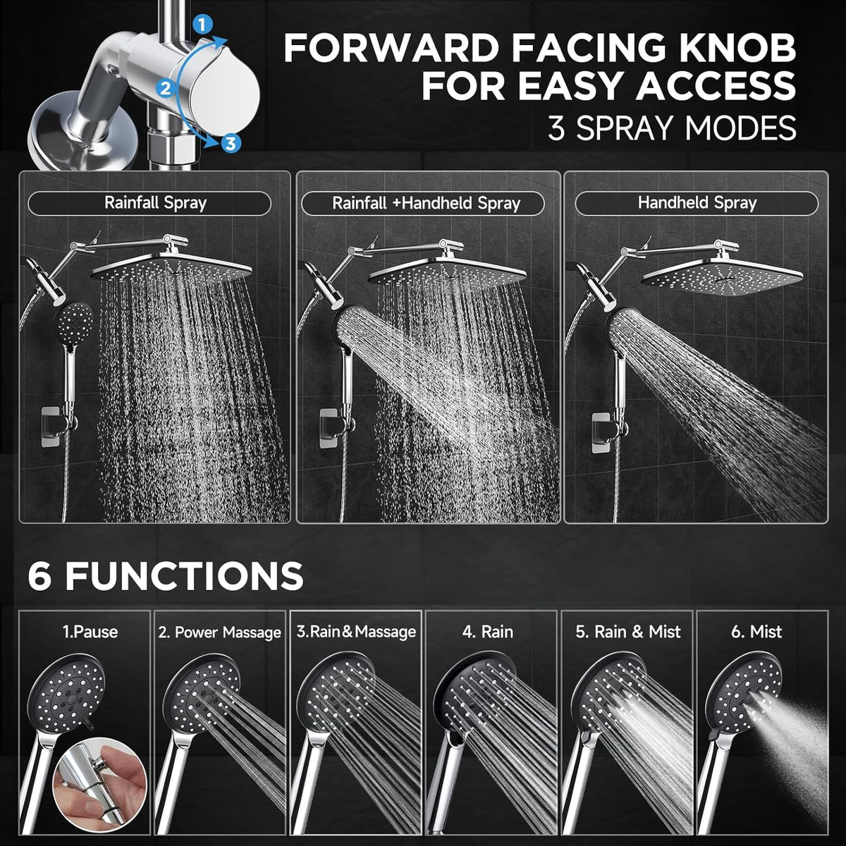 Veken Wide Rain Shower Head with Handheld Spray, High Pressure Combo with Adjustable Arm, Chrome Finish