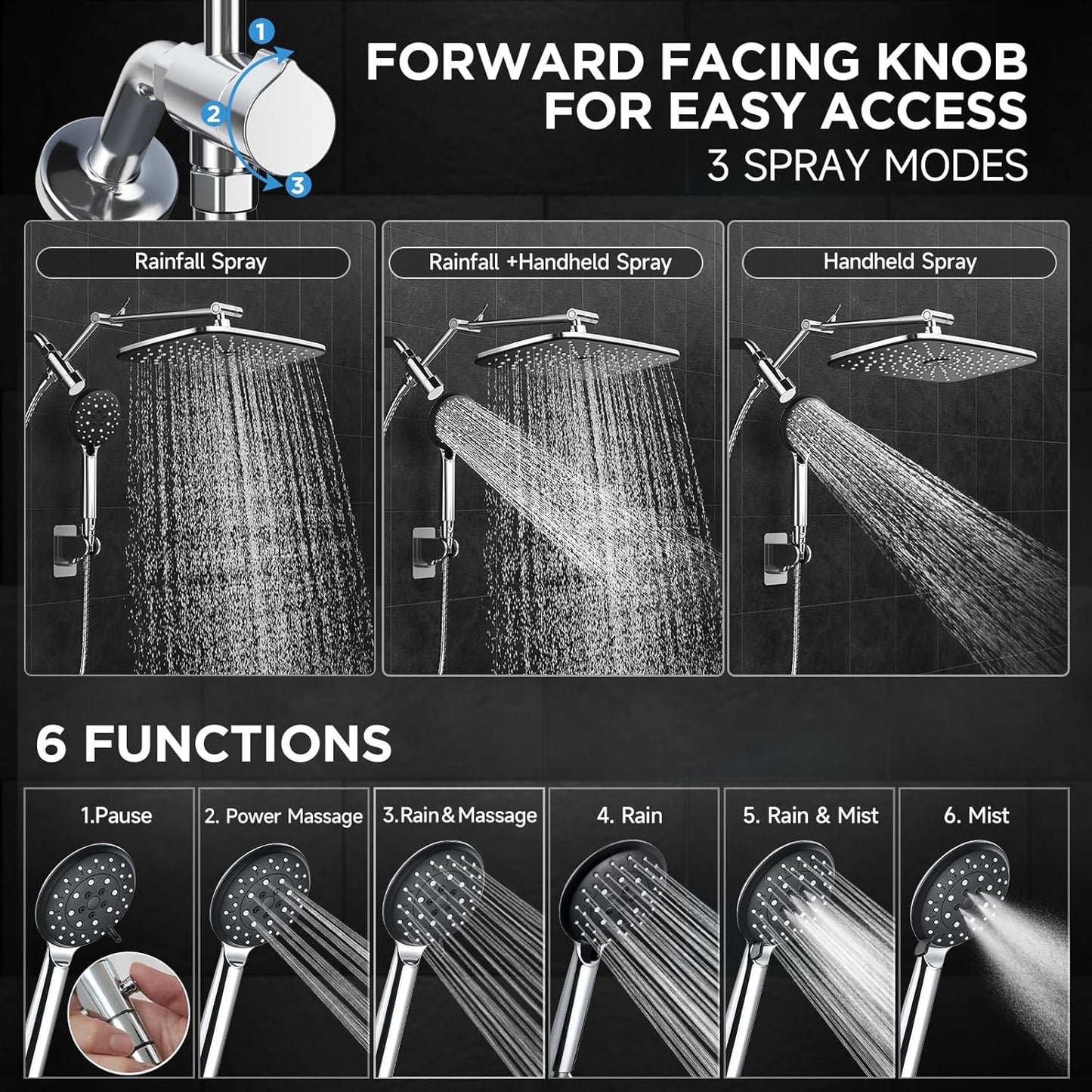 Veken Wide Rain Shower Head with Handheld Spray, High Pressure Combo with Adjustable Arm, Chrome Finish