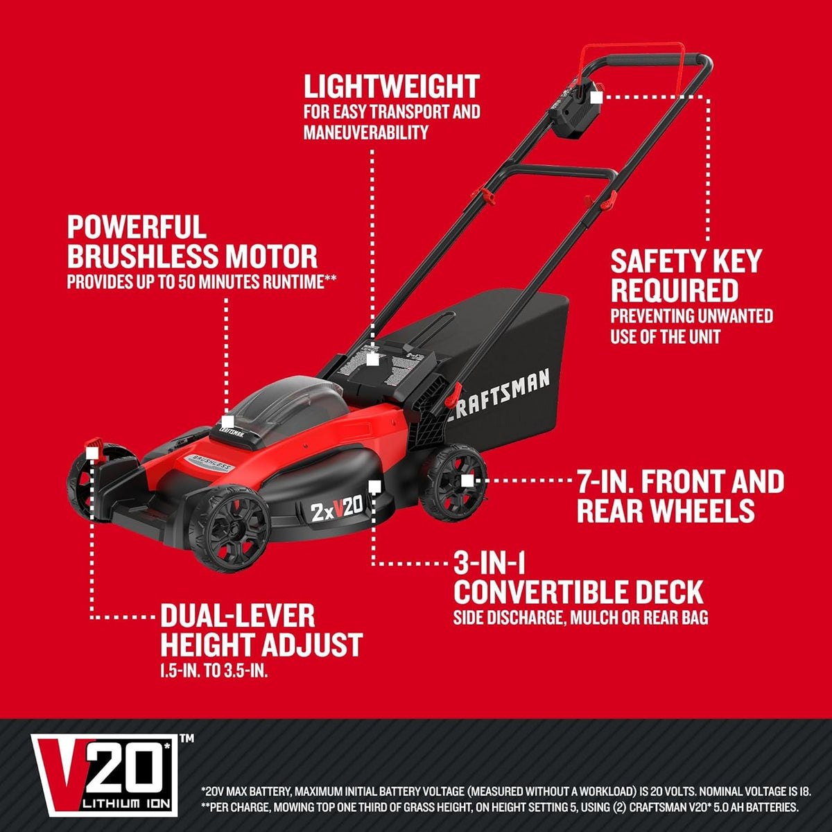 Craftsman V20 CMCMW220P2 20 in. Brushless Cordless Lawn Mower Kit with (2) 20V 5.0Ah Batteries & Charger