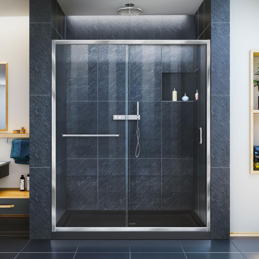 Infinity-Z 30 in. x 60 in. Semi-Frameless Sliding Shower Door in Chrome with Left Drain White Acrylic Base - Super Arbor