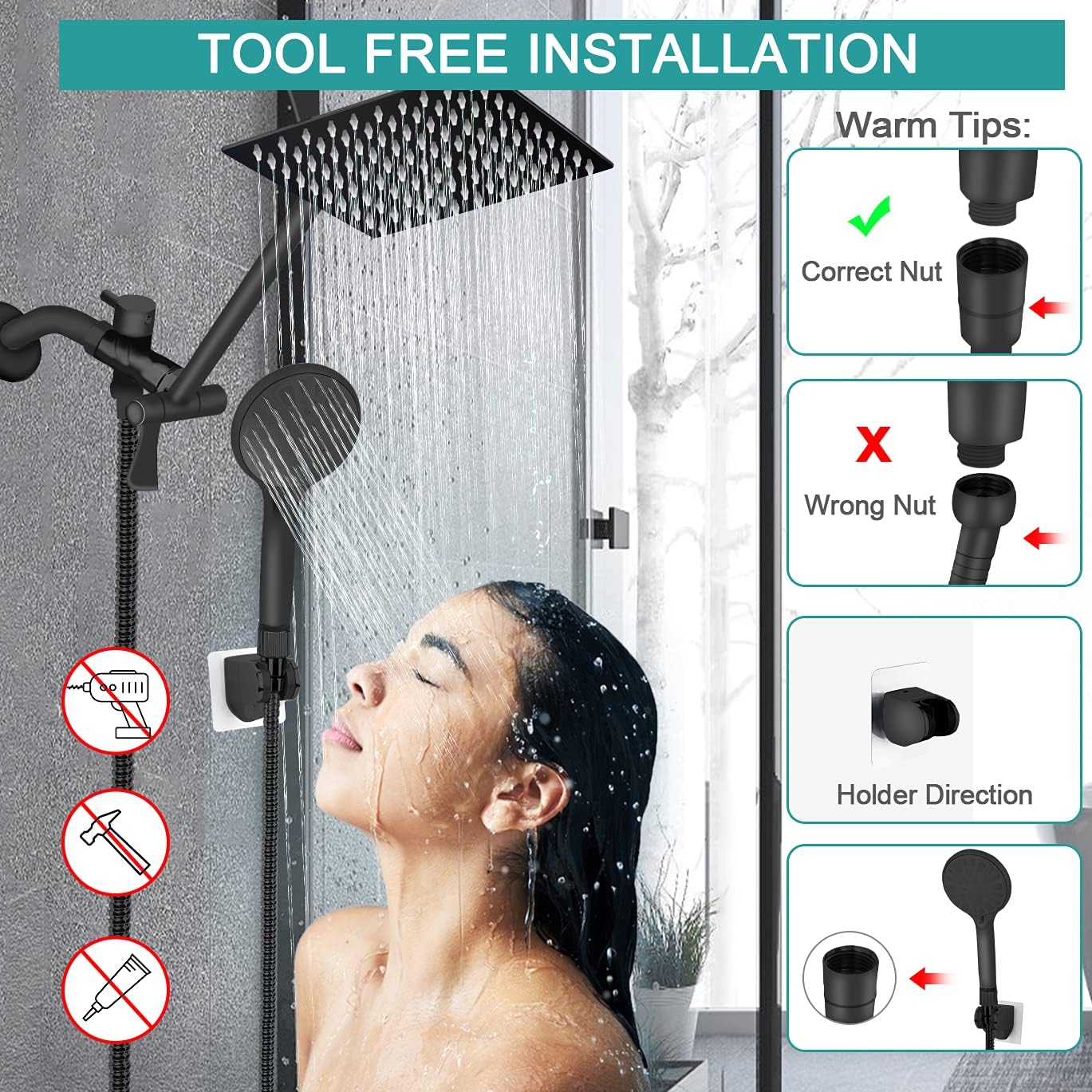 Tudoccy 8'' High Pressure Rainfall and Handheld Shower Combo with Adjustable Extension Arm