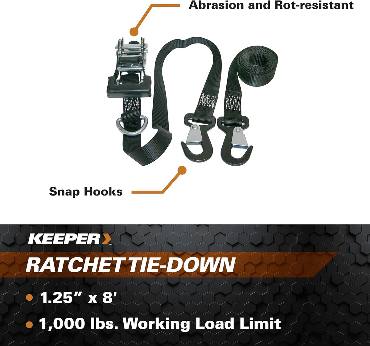 Keeper 8 ft. x 1.25 in. Power Sports Ratchet Tie-Down, 800 lbs WLL, 2-Pack