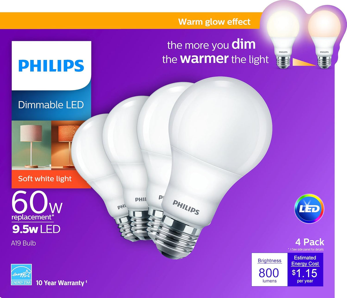 Philips 60-Watt Equivalent A19 Dimmable Warm White LED Light Bulb, Warm Glow Effect, E26 Base, 800 Lumens, 4-Pack