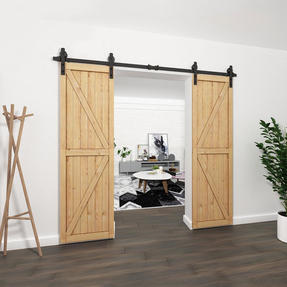 8 ft./96 in. Black Steel Straight Strap Sliding Barn Door Track and Hardware Kit for Double Doors with Floor Guide - Super Arbor