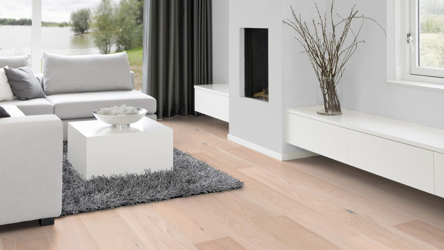 Solidfloor Oak Savannah White hardwood flooring — installed room view