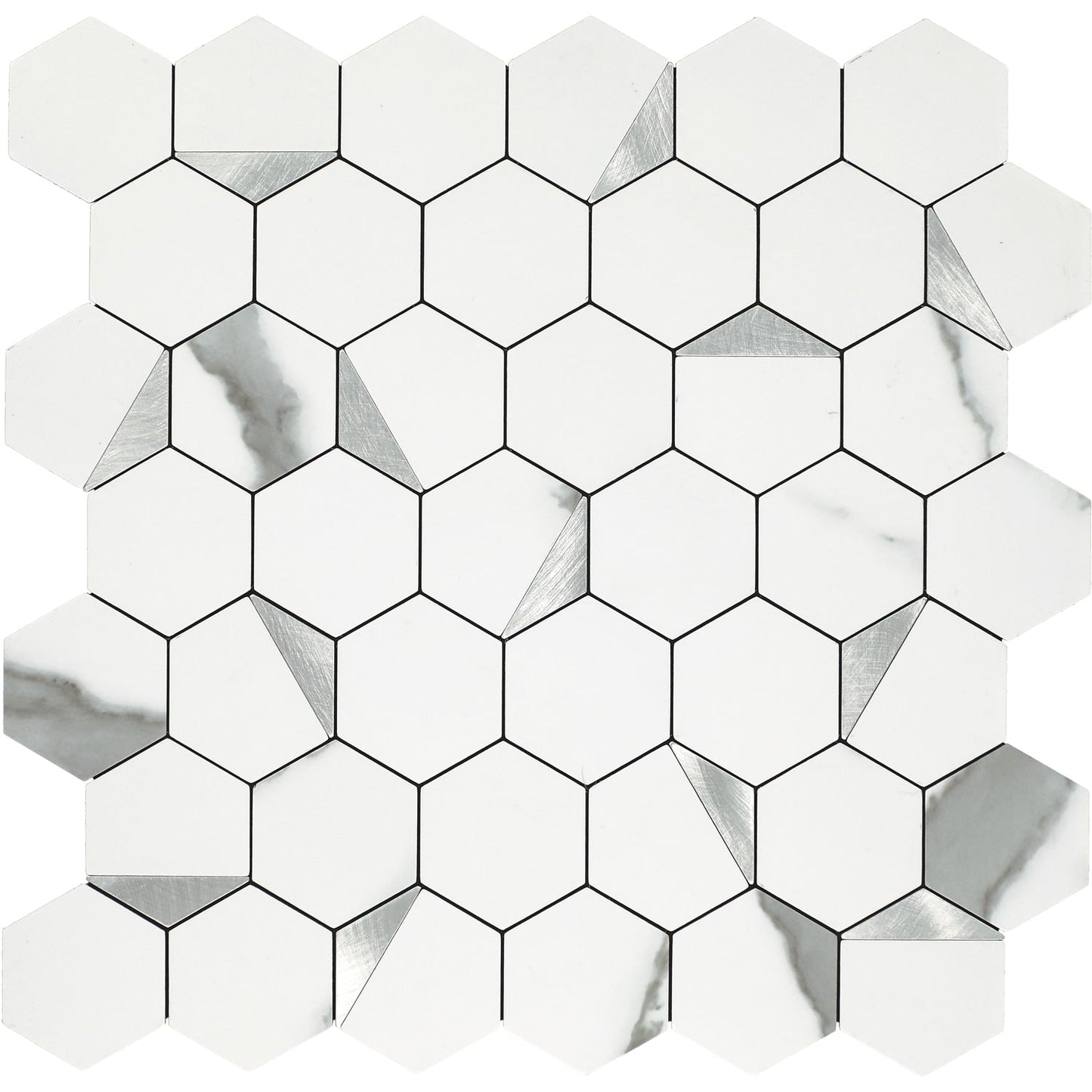 Daltile Smart Stick White And Silver 12-in x 12-in Matte PVC Hexagon Peel and stick Mosaic Wall Tile product image