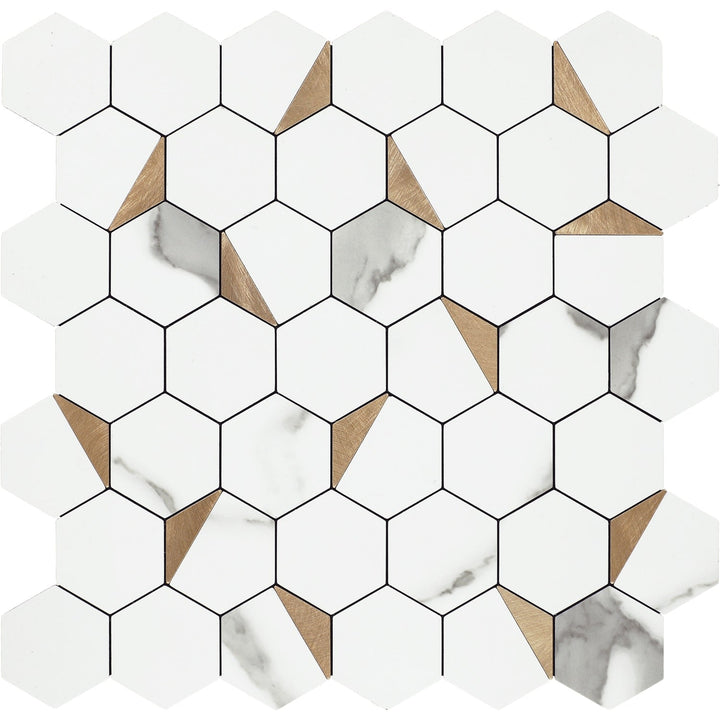 Daltile Smart Stick White And Gold 12-in x 12-in Matte PVC Hexagon Peel and stick Mosaic Wall Tile product image