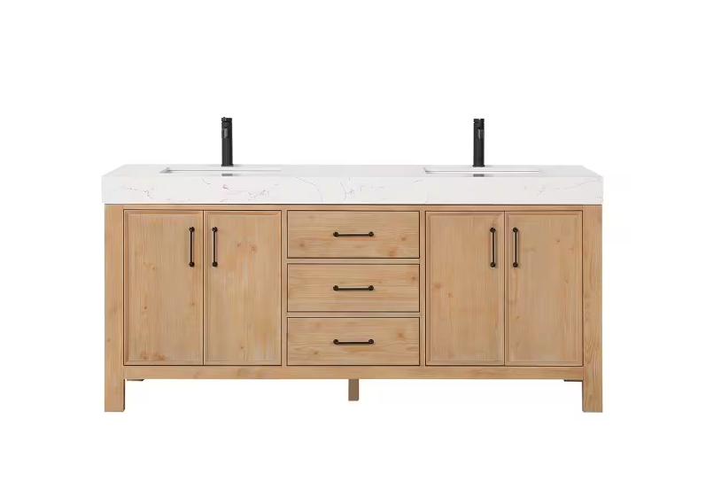León 72 in.W x 22 in.D x 34 in.H Double Sink Bath Vanity in Fir Wood Brown with White Composite Stone Top