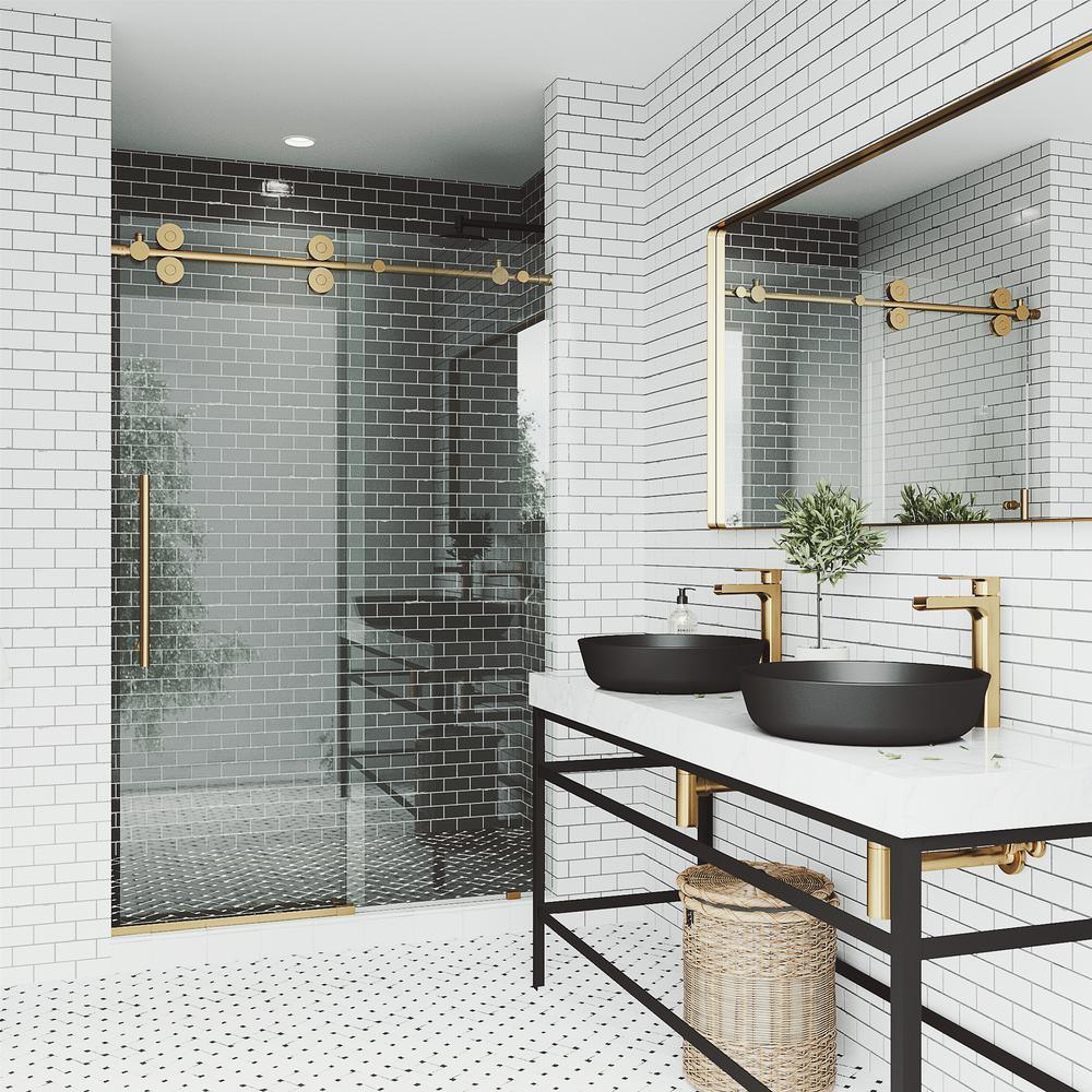 Elan 60 to 64 in. x 74 in. Frameless Sliding Shower Door in Stainless Steel with Clear Glass and Handle - Super Arbor