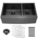 Stainless Steel 33 in. Gunmetal Black Double Bowl Farmhouse Apron Front Kitchen Sink 60/40 16-Gauge Farm Sink