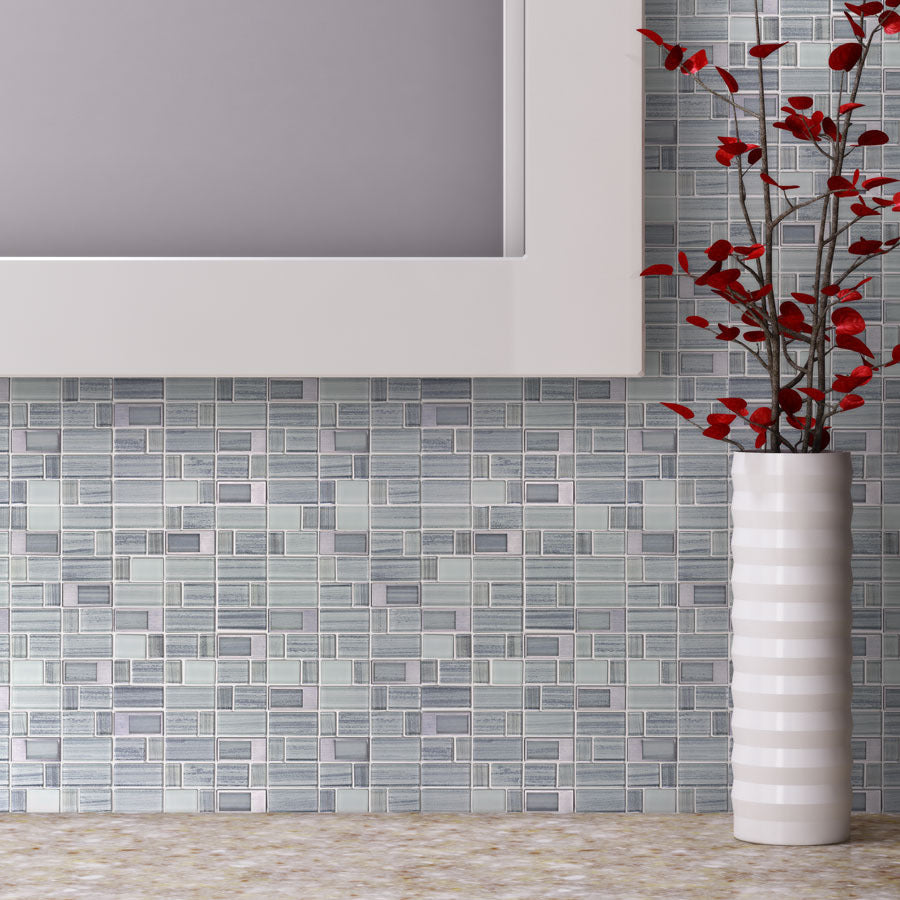 Elida Ceramica Brushed City Windows Staggered 12-in x 12-in Glossy Glass/Metal Mosaic Wall Tile - Super Arbor