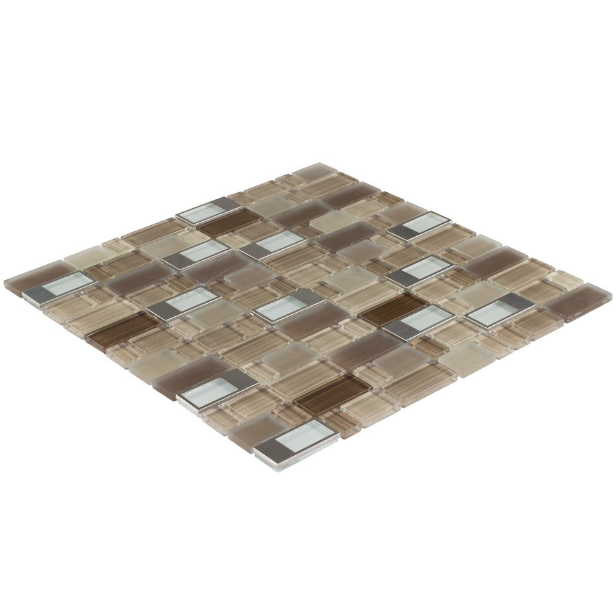 Elida Ceramica Brushed City Windows Staggered 12-in x 12-in Glossy Glass/Metal Mosaic Wall Tile - Super Arbor