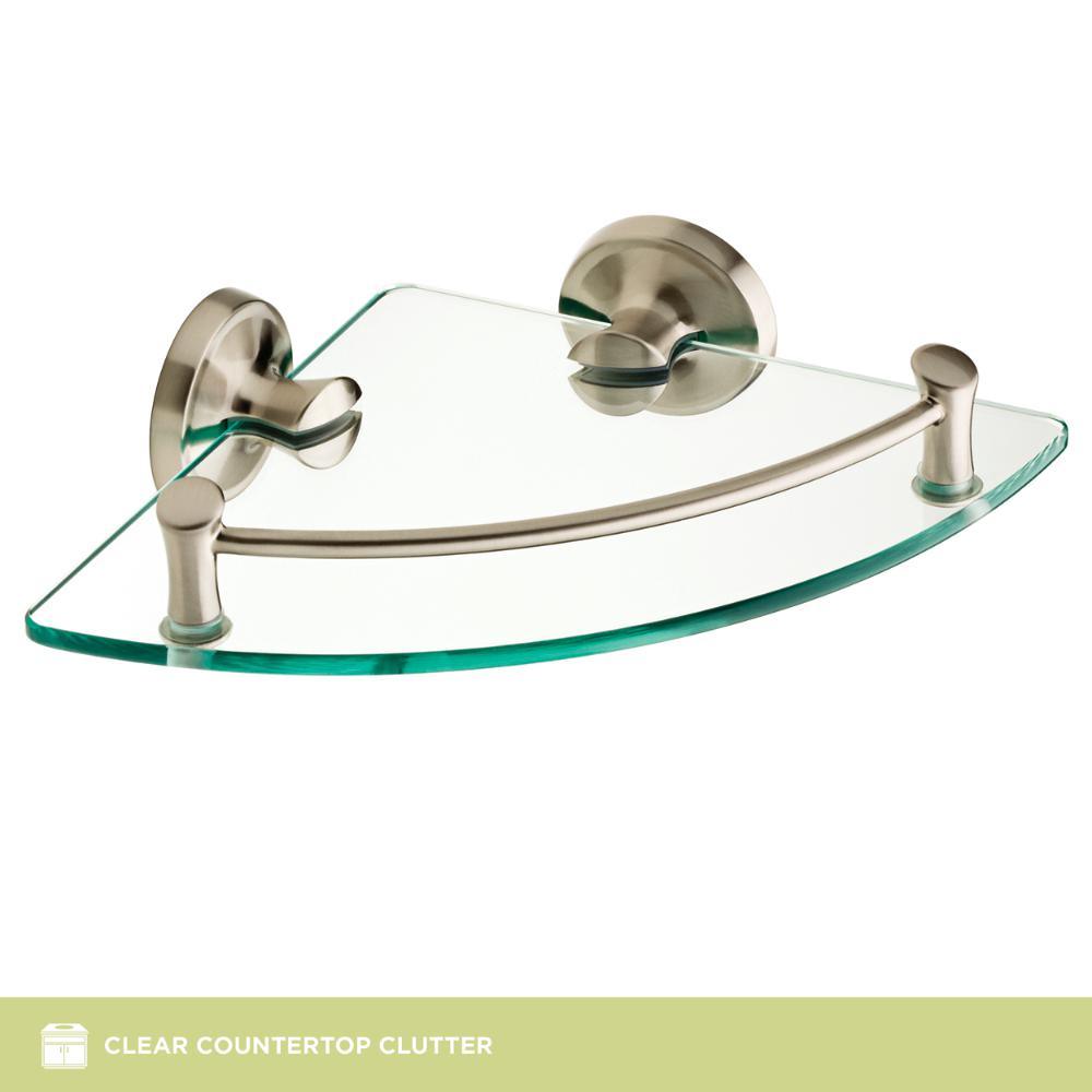 8 in. W Glass Corner Shelf in Brushed Nickel - Super Arbor