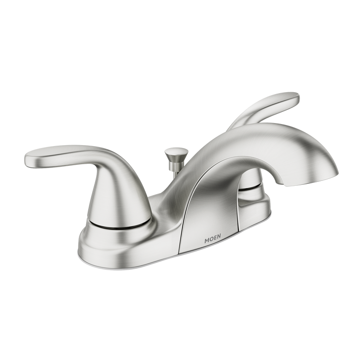 Moen Adler Spot Resist Brushed Nickel 2‑Handle 4-in Centerset WaterSense Bathroom Sink Faucet with Drain