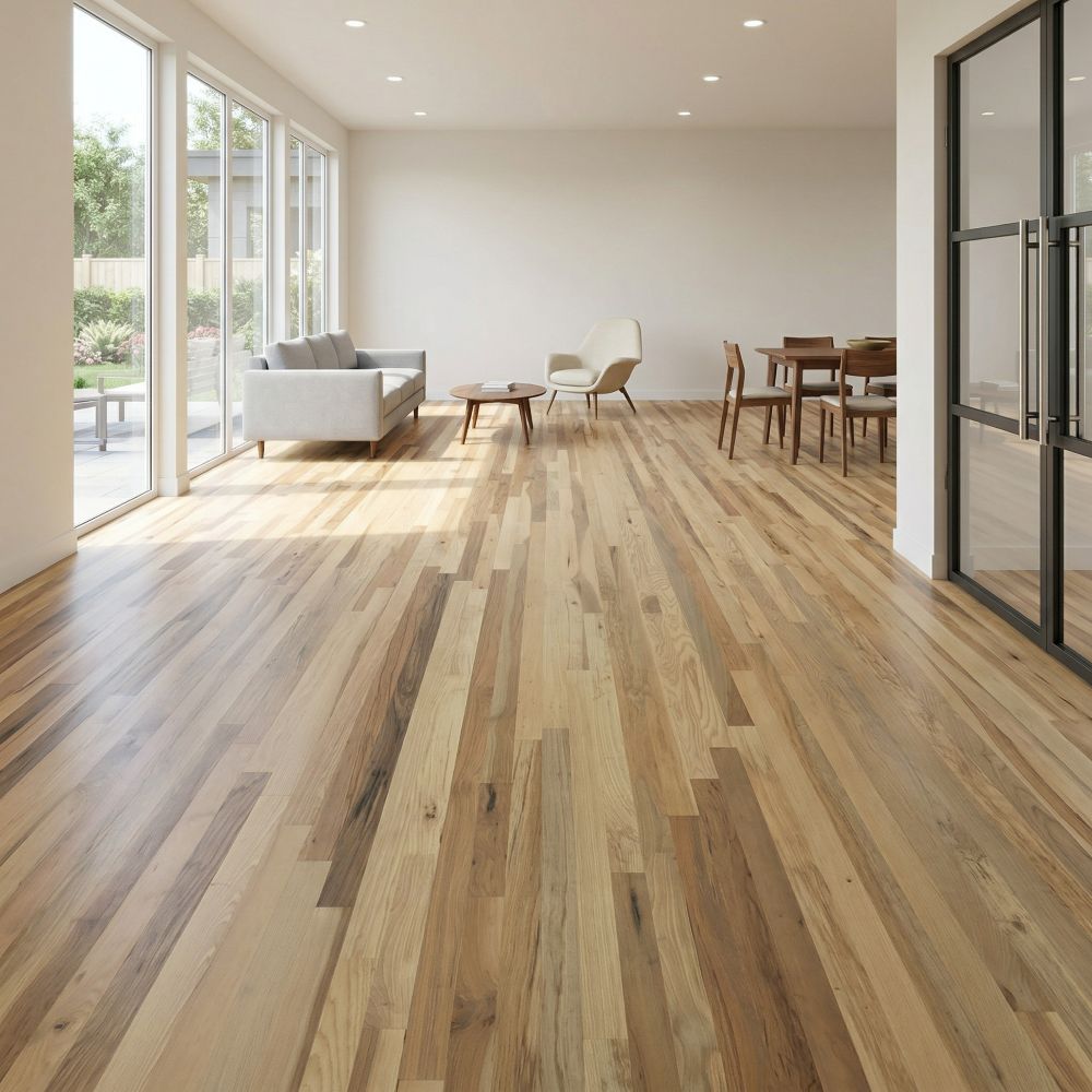 allen + roth Hickory Character Natural hardwood flooring — installed room view