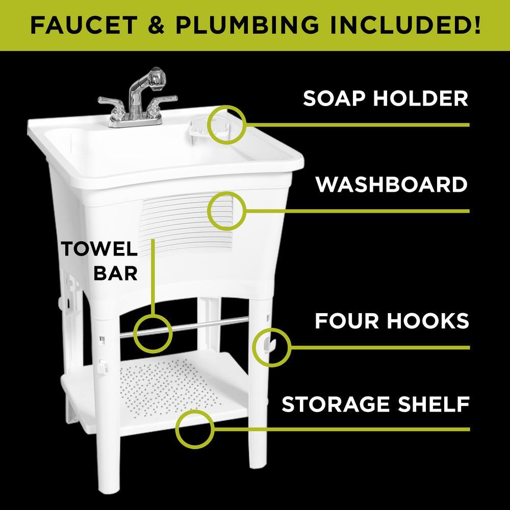 Ergo Tub Freestanding 24 in. x 24 in. Complete Laundry Work Center in White, with Non-Metallic Pull-Out Faucet in Chrome - Super Arbor