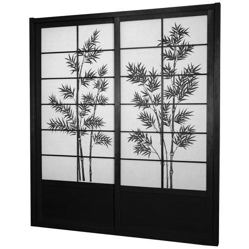 Red Lantern Oriental Furniture 72-in x 82-in Black 2-Panel Square Stained Pine Wood Sliding Door (Hardware Included)