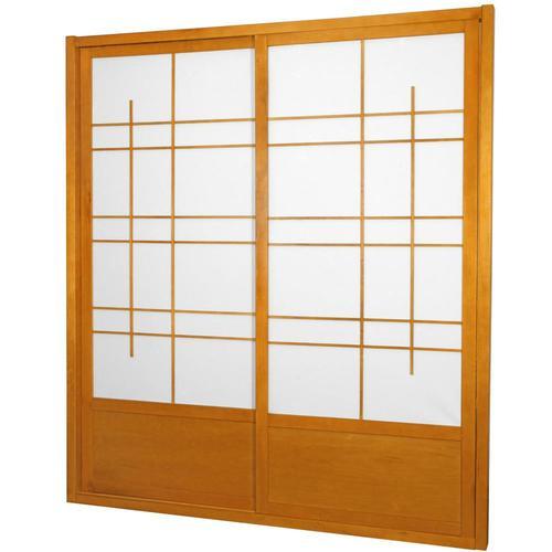 Red Lantern Oriental Furniture 72-in x 82-in Honey 2-Panel Square Stained Pine Wood Sliding Door (Hardware Included)