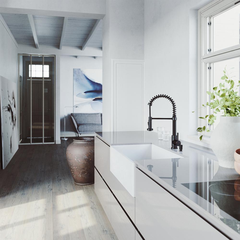 Matte Stone White Composite 33 in. Single Bowl Reversible Flat Farmhouse Apron-Front Kitchen Sink with Strainer - Super Arbor