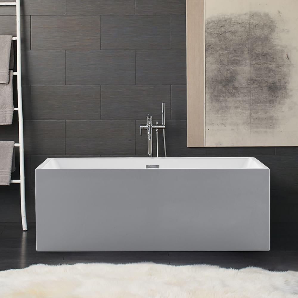 Rectangle 67 in. x 32 in. x 24 in. Contemporary Soaking Acrylic Flatbottom Freestanding Bathtub with Overflow, White - Super Arbor