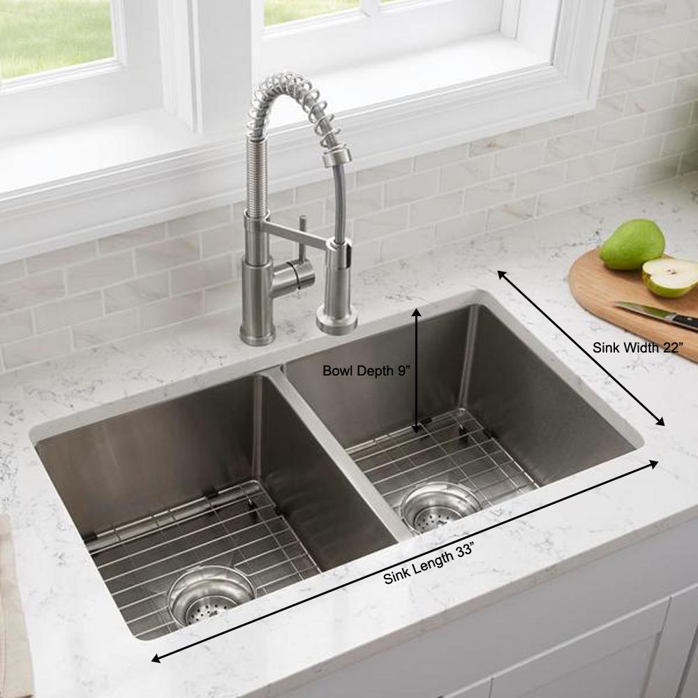 Tight Radius Stainless Steel 33 in. 18-Gauge Double Bowl Dual Mount Tight Radius Kitchen Sink with Grids and Strainers - Super Arbor