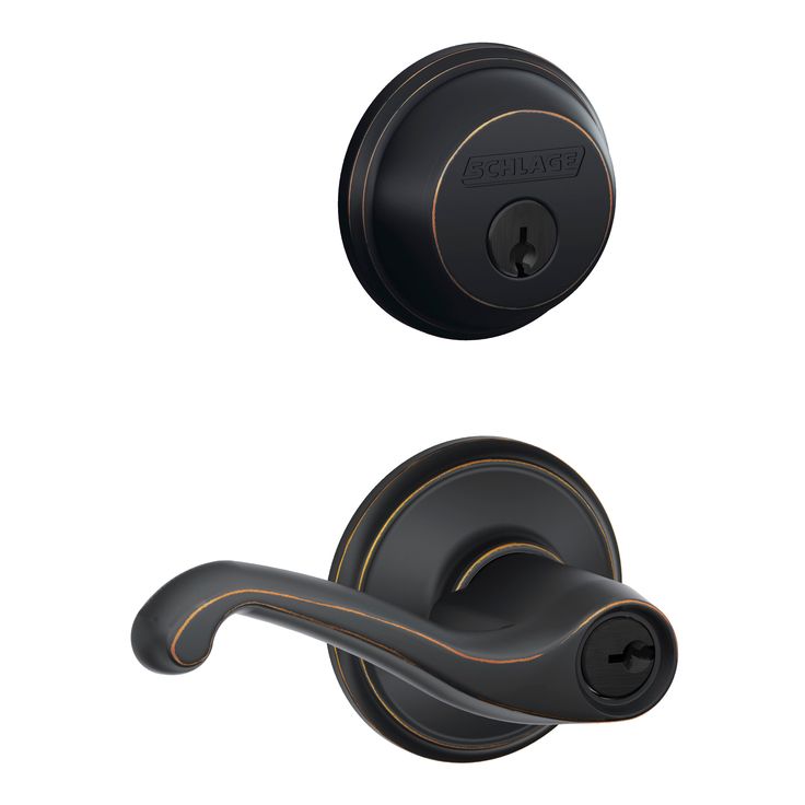 Schlage FB50 Flair Flair Aged Bronze Single-Cylinder Deadbolt Reversible Keyed Entry Door Handle Combo Pack (1 Handle and 1 Deadbolt)