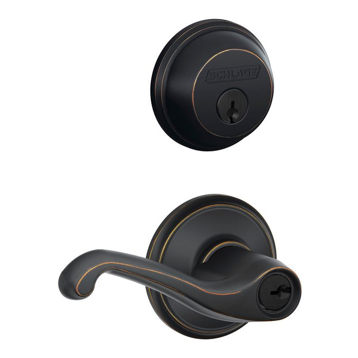 Schlage FB50 Flair Flair Aged Bronze Single-Cylinder Deadbolt Reversible Keyed Entry Door Handle Combo Pack (1 Handle and 1 Deadbolt)