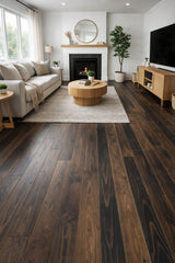 allen + roth Pine Burnt hardwood flooring — installed room view