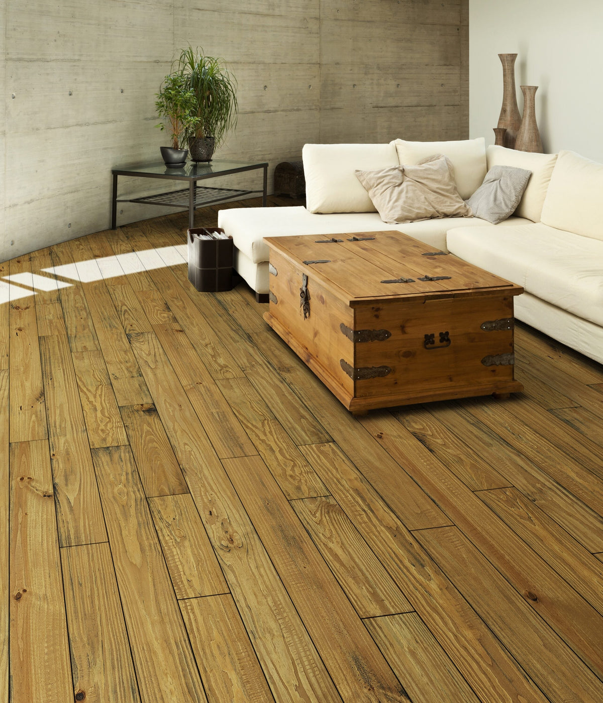 allen + roth Pine Amber hardwood flooring — installed room view