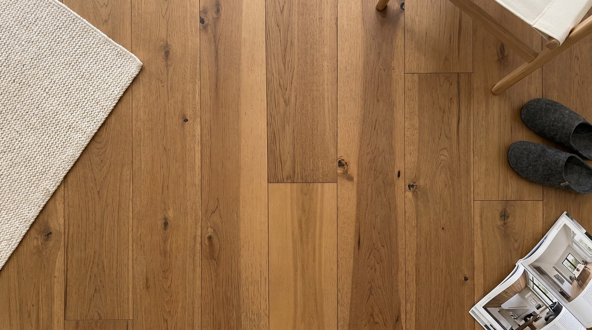 allen + roth Hickory Sugar hardwood flooring — installed room view